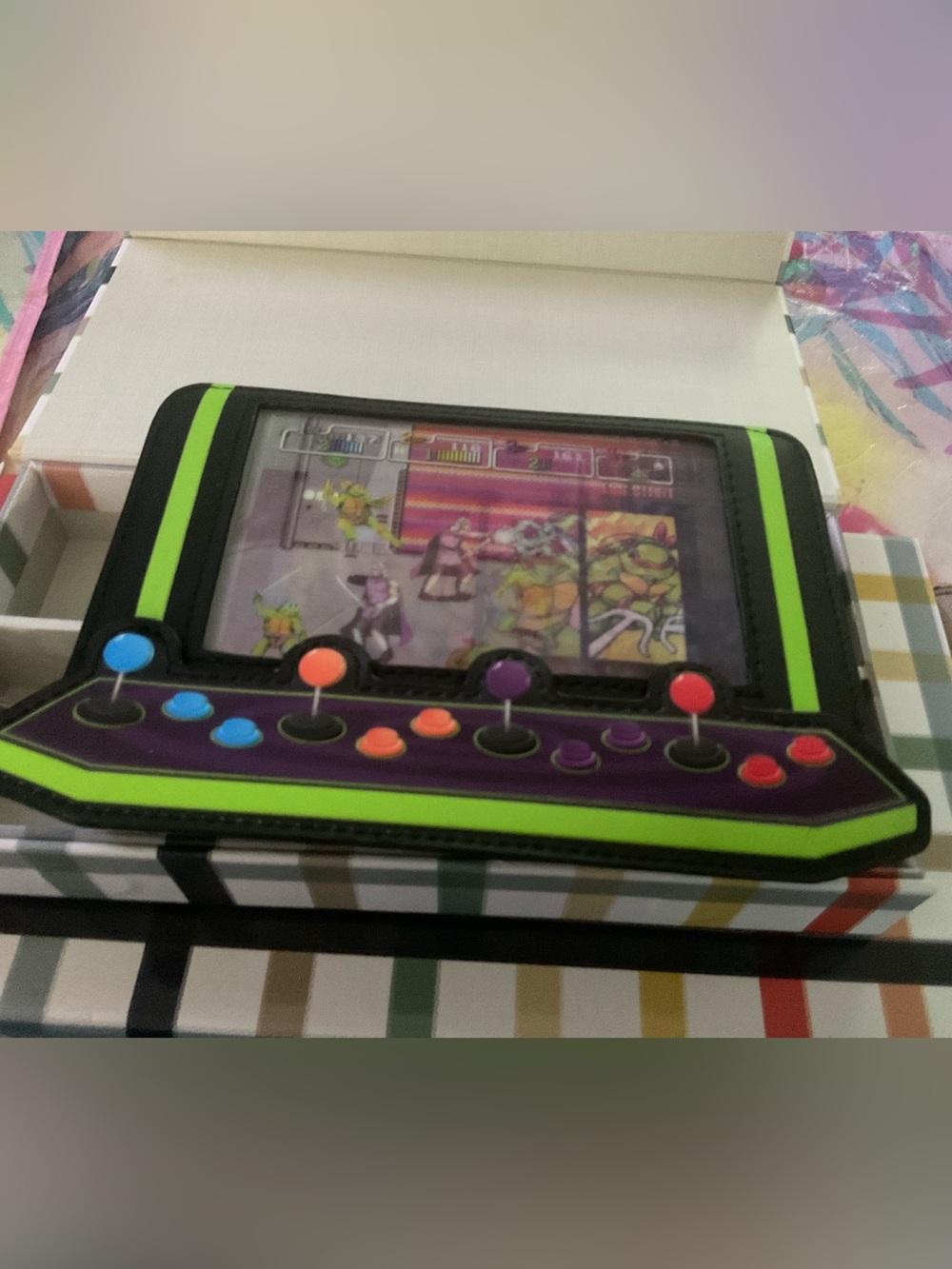Loungefly Retro Arcade Handheld in Green and Purple with Multicolor Buttons
